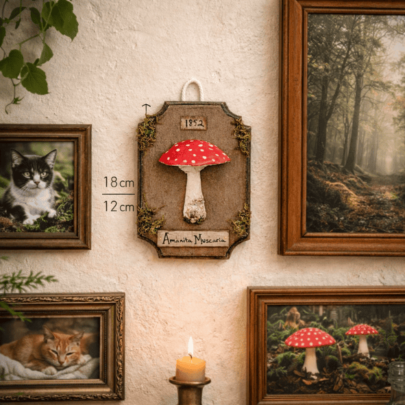 אמניטה מוסכריה על פלטת עץ תלויה על הקיר